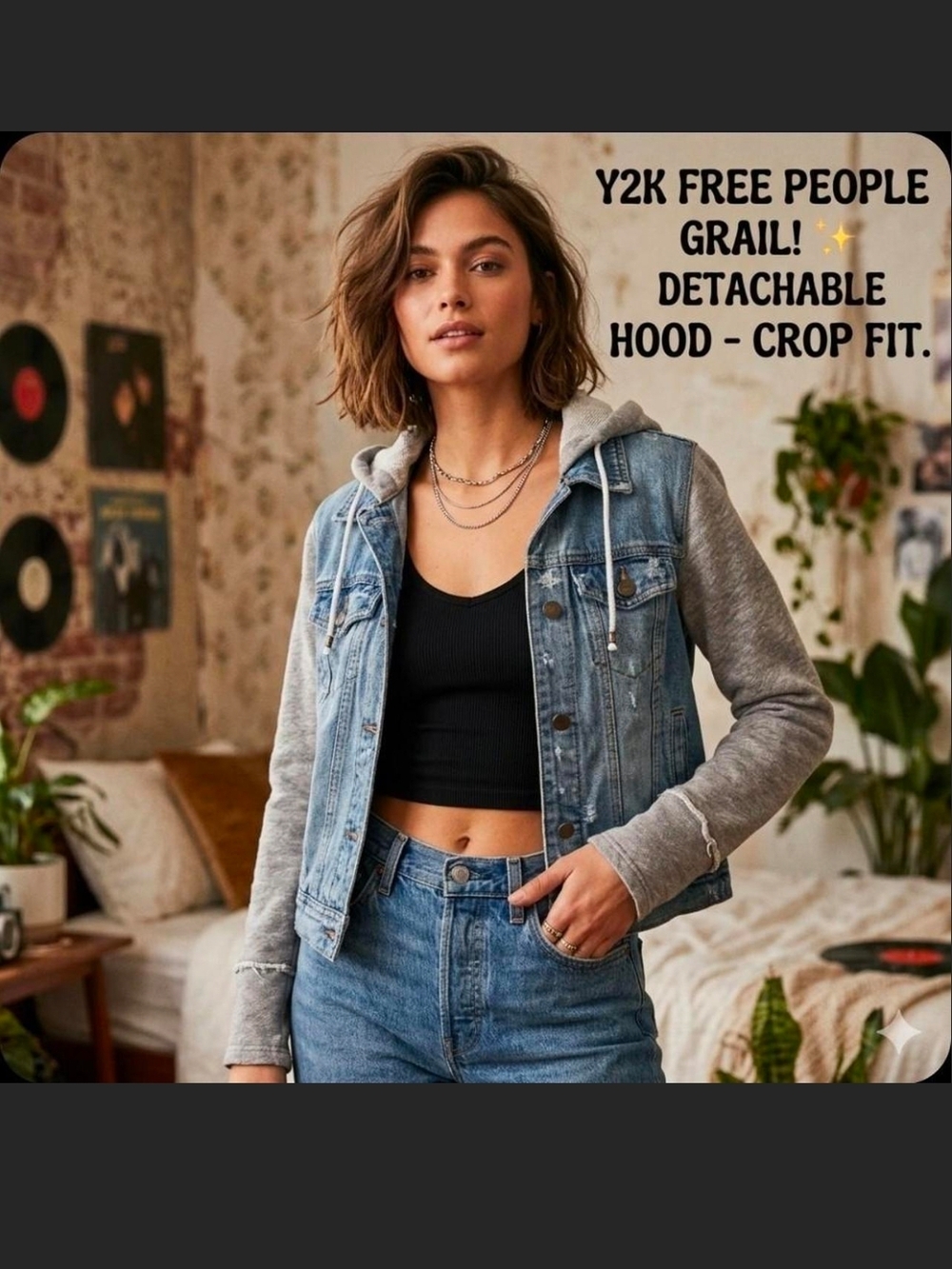 Free People Mixed Media Denim Jacket With Detachable Hood